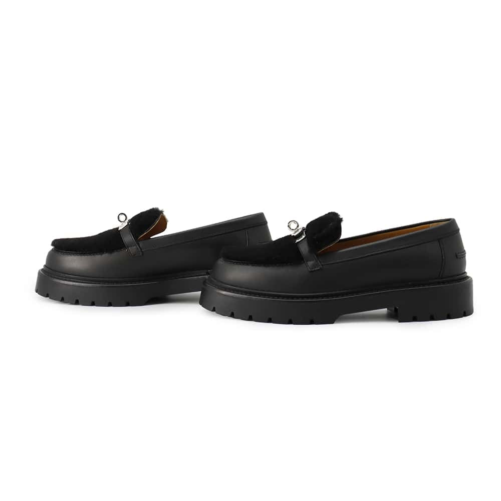 HERMES Mocassins Icon Loafers Black Calf Leather Sheepskin Size 38.5