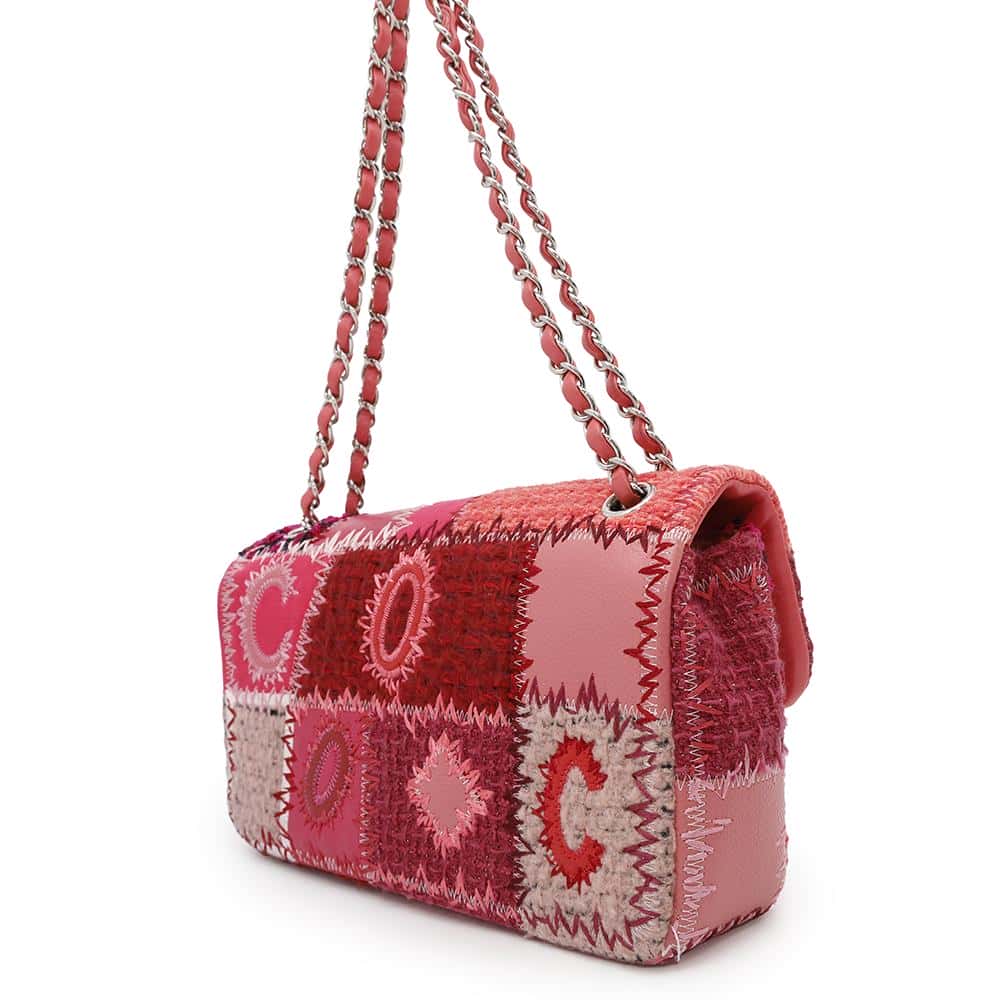 CHANEL Patchwork Single Flap ChainShoulder Bag Red/PinkA65468 Tweed Patent Leather Leather Fabric Size 25