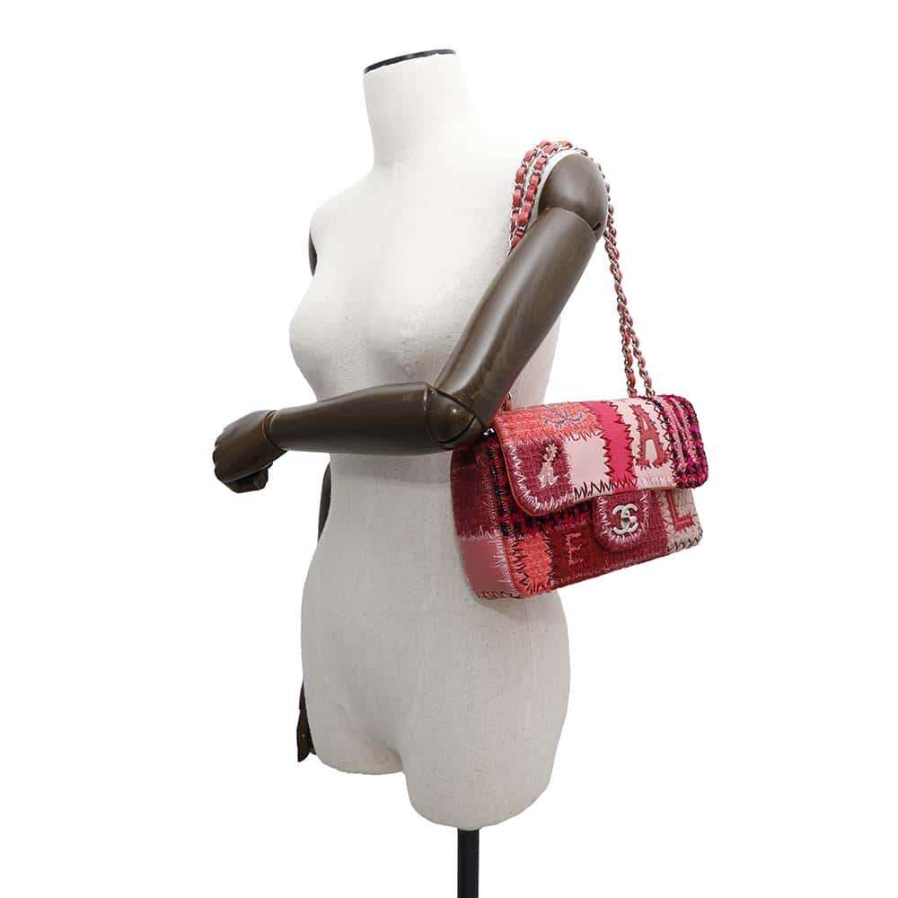 CHANEL Patchwork Single Flap ChainShoulder Bag Red/PinkA65468 Tweed Patent Leather Leather Fabric Size 25