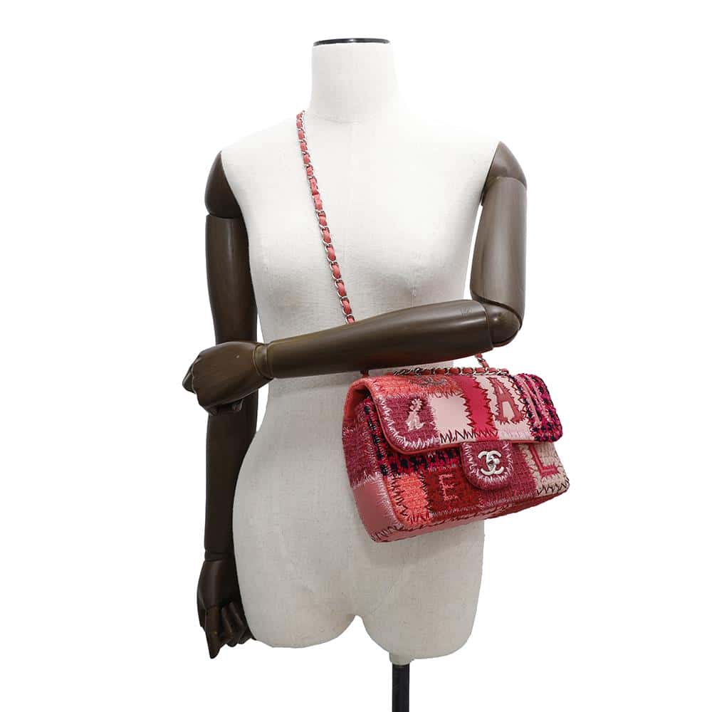 CHANEL Patchwork Single Flap ChainShoulder Bag Red/PinkA65468 Tweed Patent Leather Leather Fabric Size 25