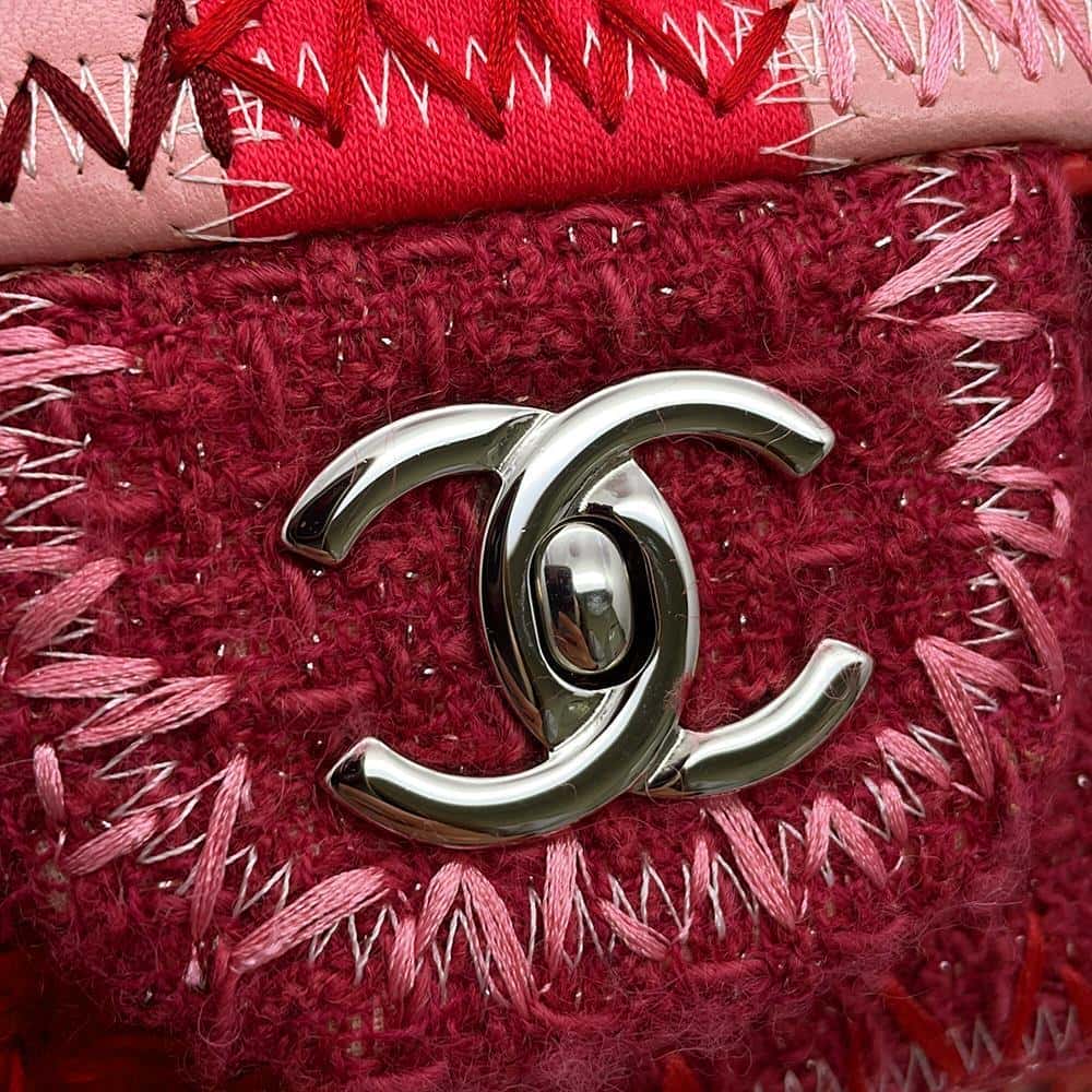 CHANEL Patchwork Single Flap ChainShoulder Bag Red/PinkA65468 Tweed Patent Leather Leather Fabric Size 25