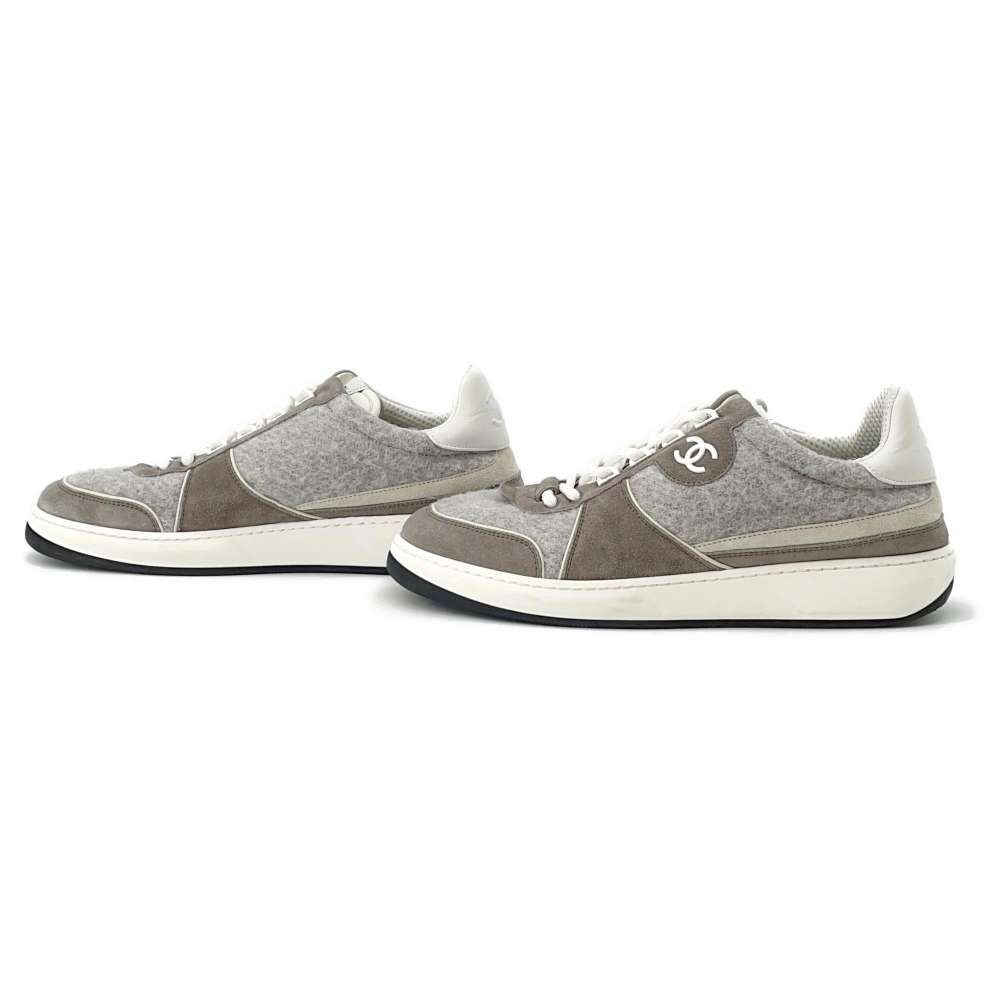 CHANEL CC Logo Sneakers GrayG46014 Wool Suede Leather Size 42