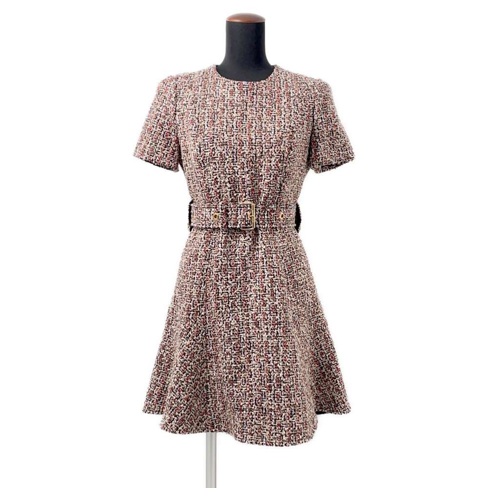 LOUIS VUITTON Belted Tweed Skater Dress Size 38 Multicolor Wool 56% Cotton19% Polyester9% Nylon9% Rayon7%