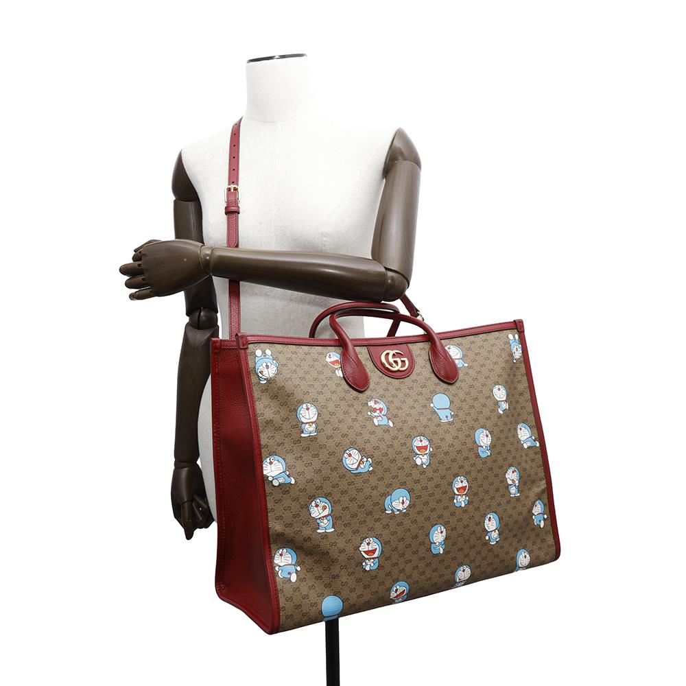 GUCCI Doraemon Collaboration Mini GG Supreme 2way Tote Bag Brown/Red653952 Mini GG Supreme Canvas Leather