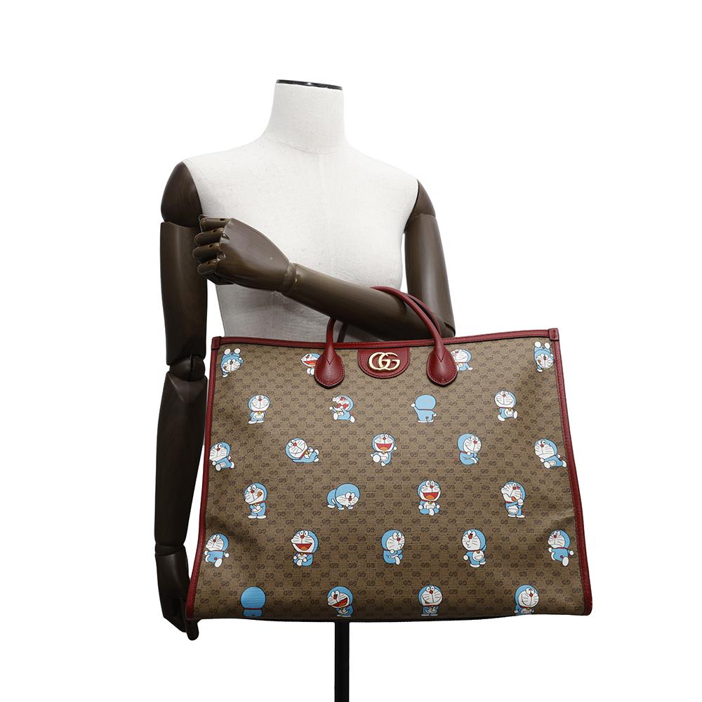 GUCCI Doraemon Collaboration Mini GG Supreme 2way Tote Bag Brown/Red653952 Mini GG Supreme Canvas Leather