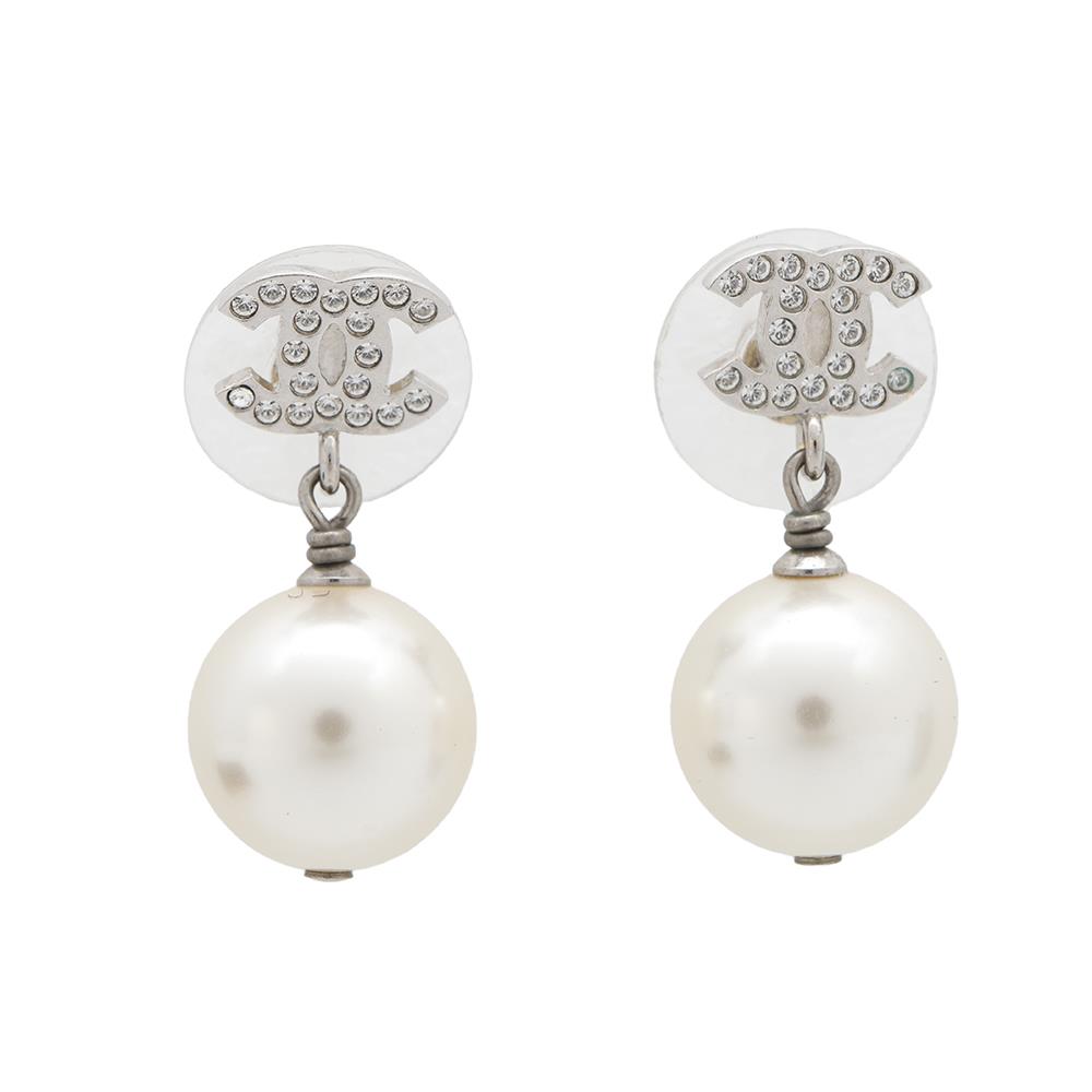 CHANEL CC Logo Faux Pearl Earrings SilverA36138 Metal
