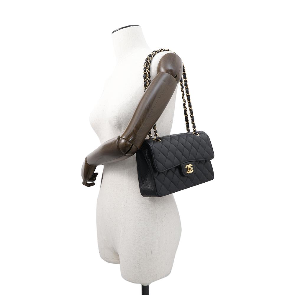 CHANEL Matelasse W flap WChainShoulder Bag BlackA01113 Caviar Leather Size 23