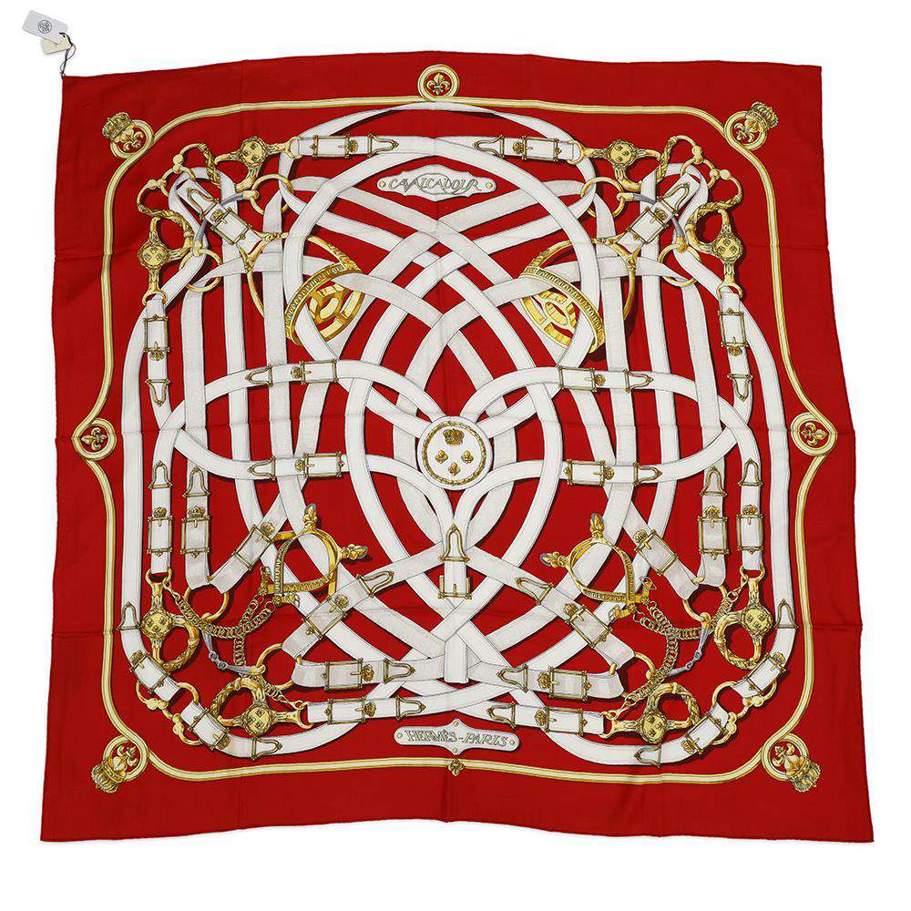 HERMES Scarf Carre Cavalcadour Size 140 Rouge/Blanc Cashmere 70% Silk 30%