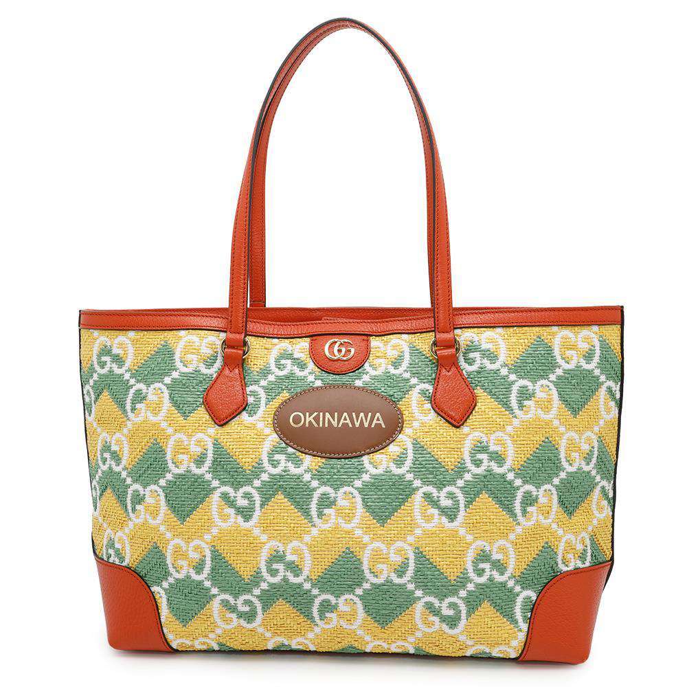 GUCCI GG Pattern Tote OKINAWA Yellow/Green/Orange631685 Raffia Leather