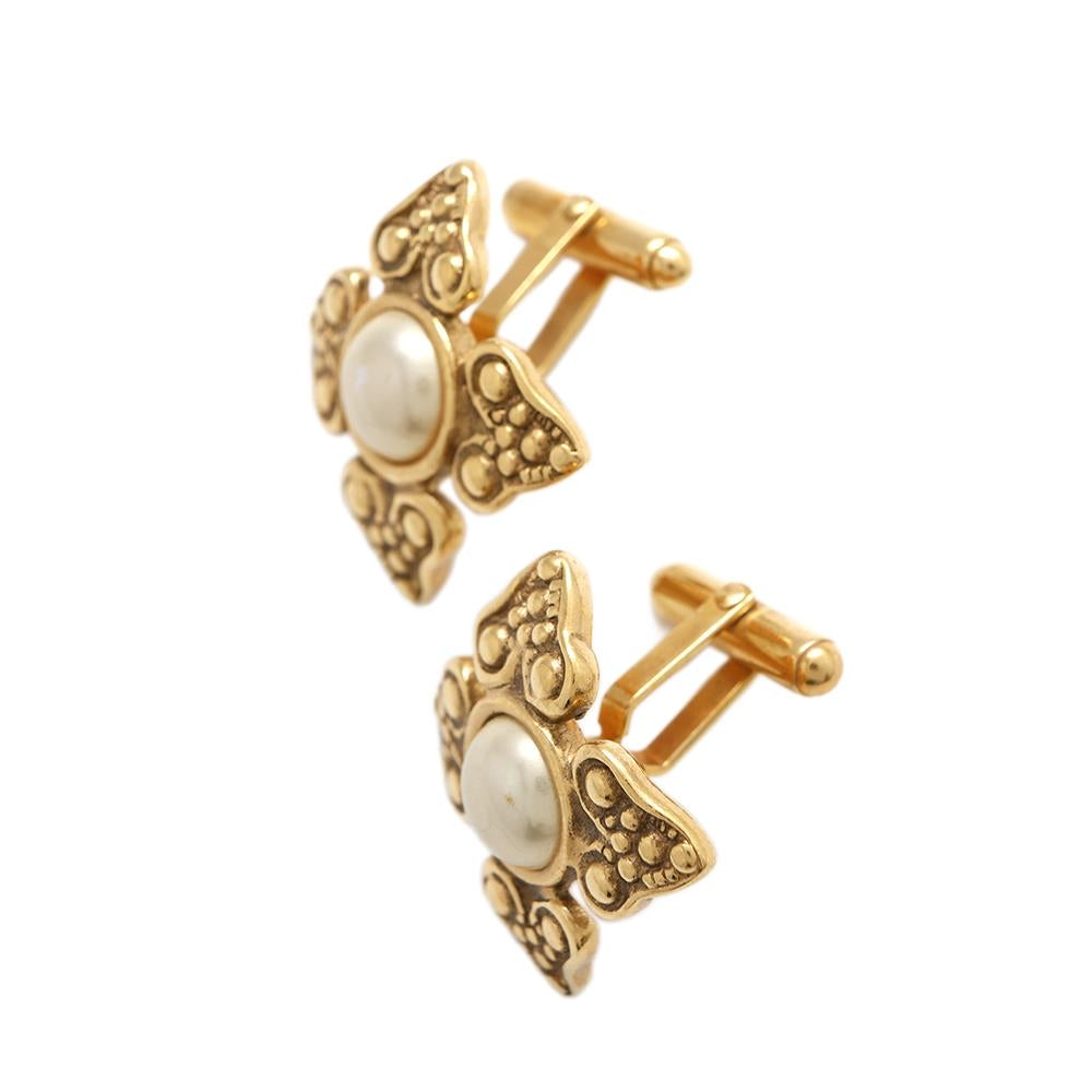 CHANEL Faux Pearl Cufflinks Gold Metal