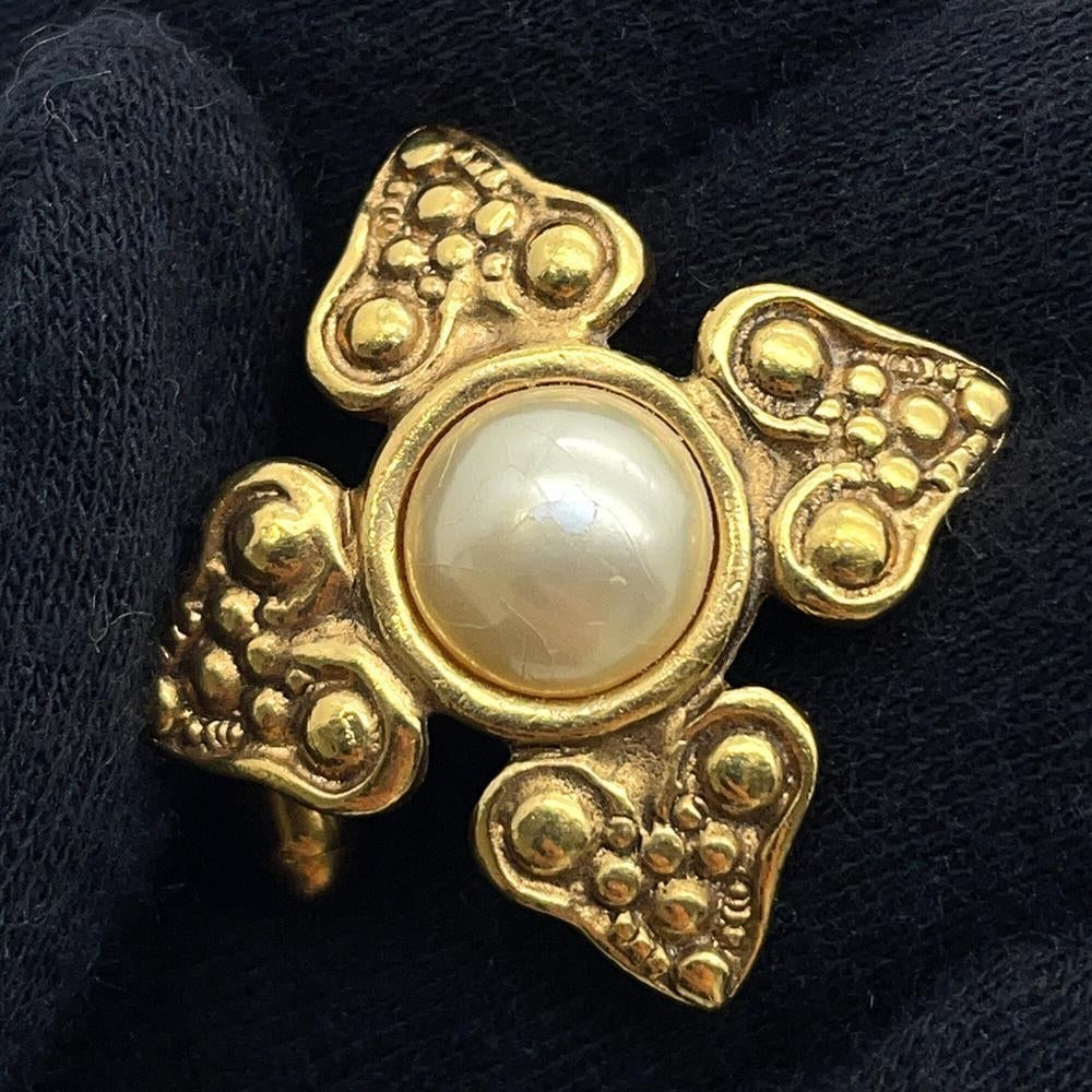 CHANEL Faux Pearl Cufflinks Gold Metal