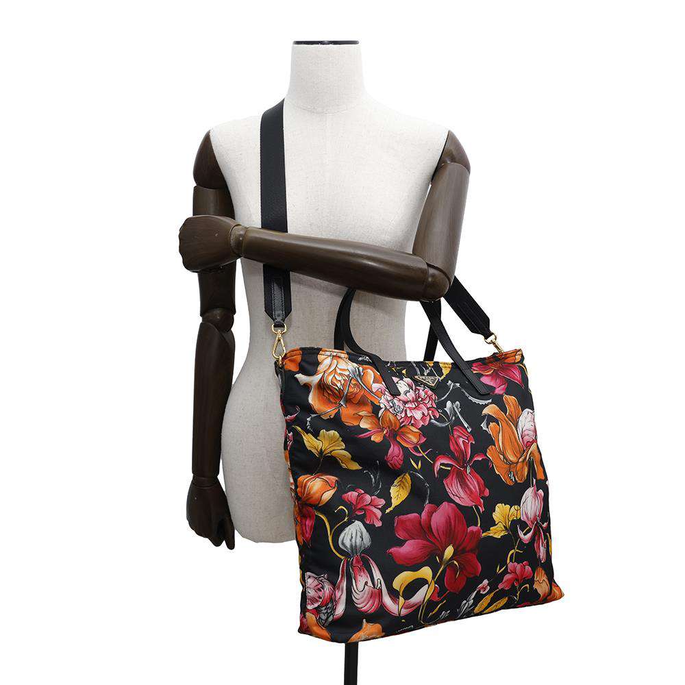 PRADA Flower print tote Black/MulticolorB2600F Nylon Leather