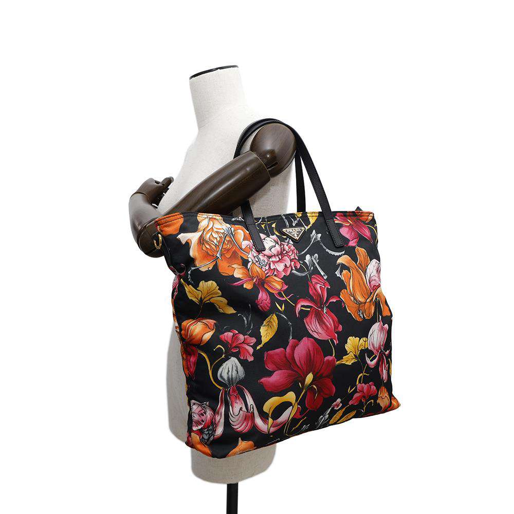 PRADA Flower print tote Black/MulticolorB2600F Nylon Leather