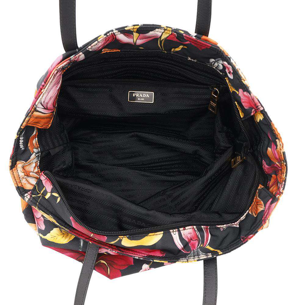 PRADA Flower print tote Black/MulticolorB2600F Nylon Leather