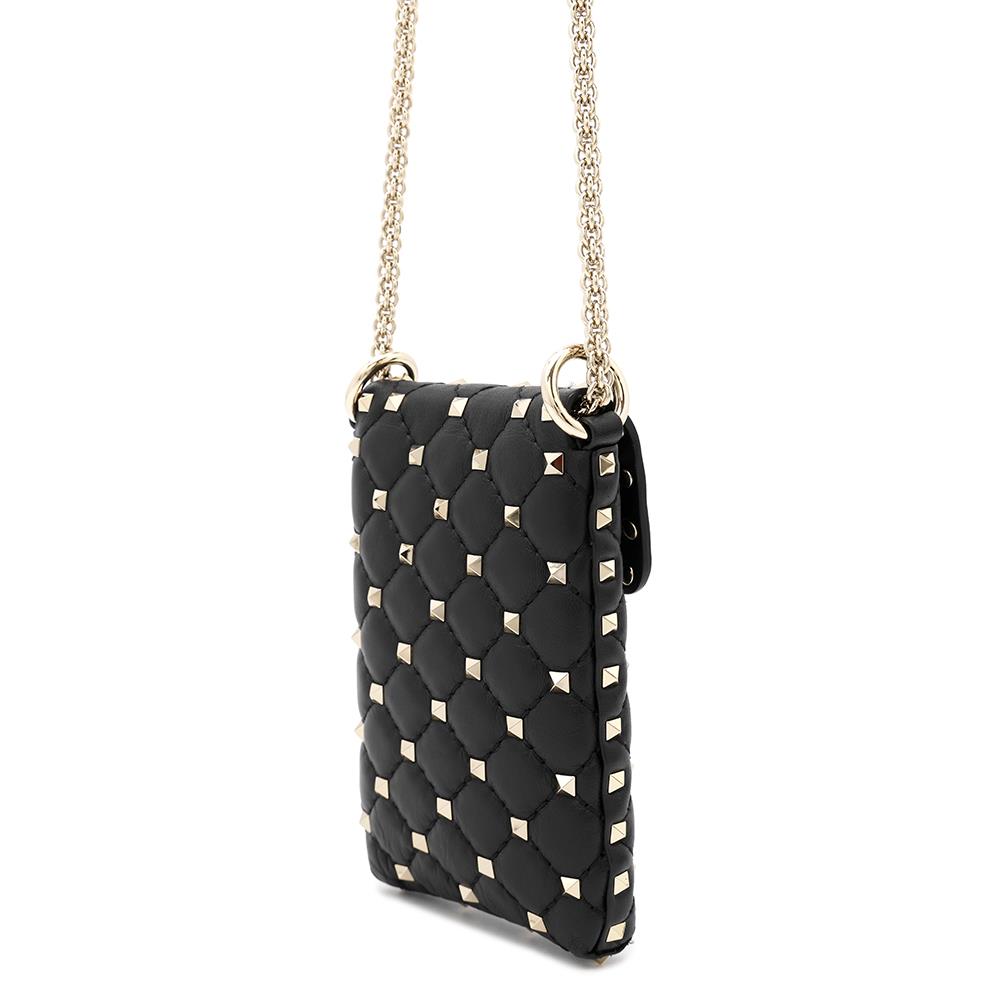 Valentino Garavani Rock Studded ChainShoulder Phone Case Black Leather