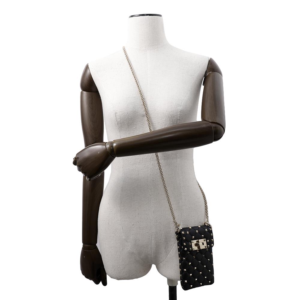Valentino Garavani Rock Studded ChainShoulder Phone Case Black Leather
