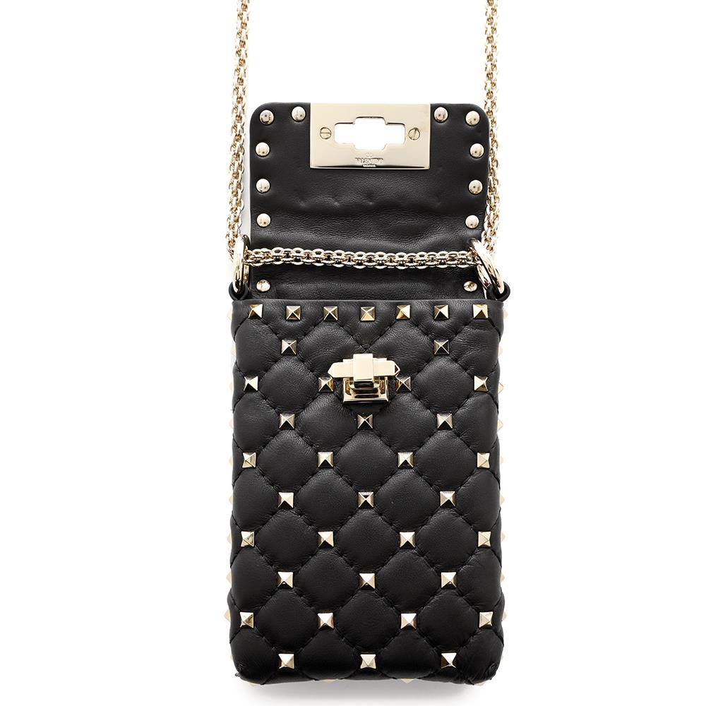 Valentino Garavani Rock Studded ChainShoulder Phone Case Black Leather