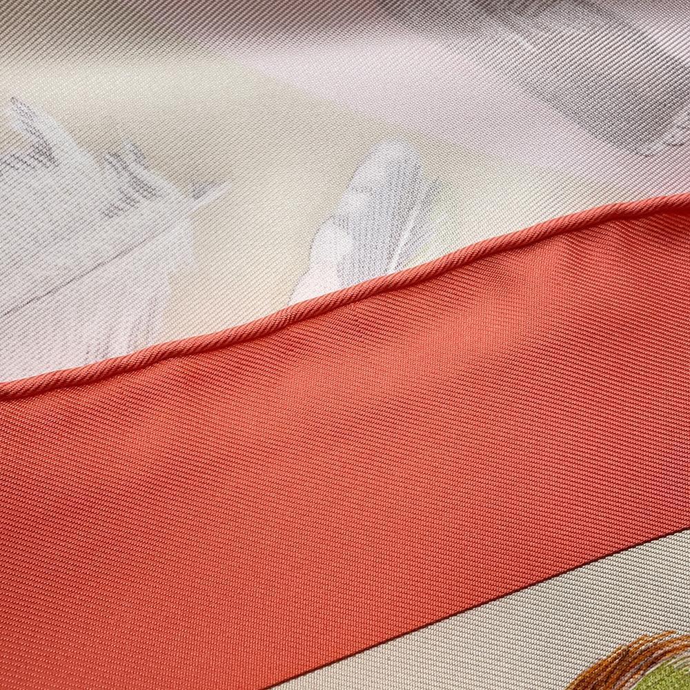 HERMES Carre Plumes II Size 90 Coral/Beige/Rose Silk100%