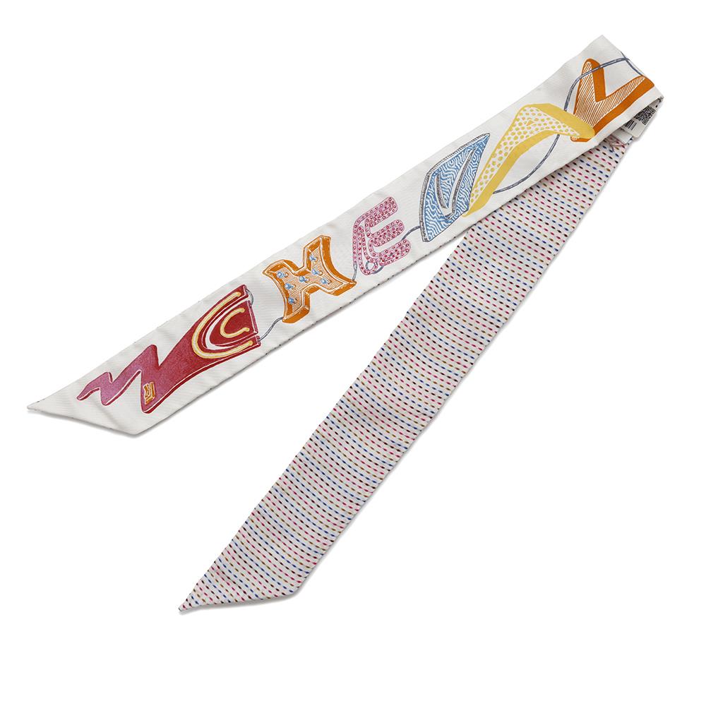 HERMES Twilly Chevroscope Neon Pointier Blanc/Rose/Vert Silk100%