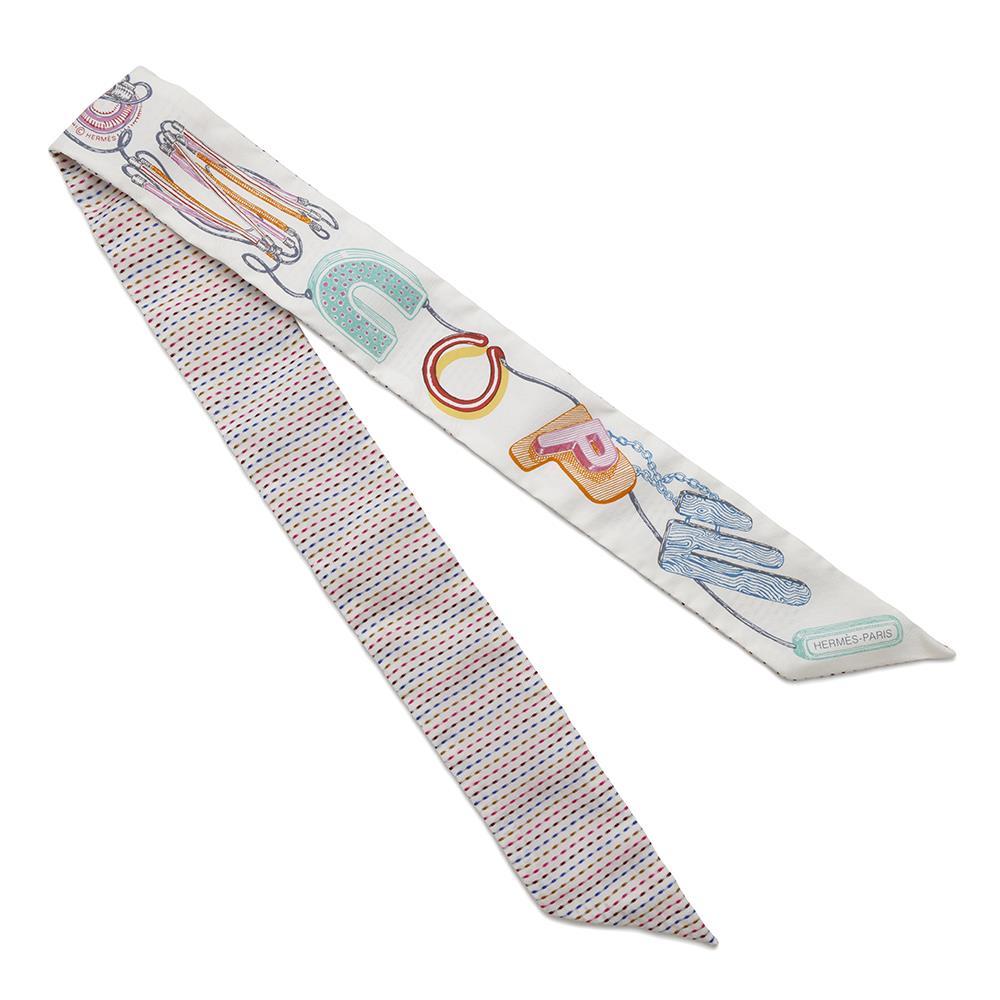 HERMES Twilly Chevroscope Neon Pointier Blanc/Rose/Vert Silk100%