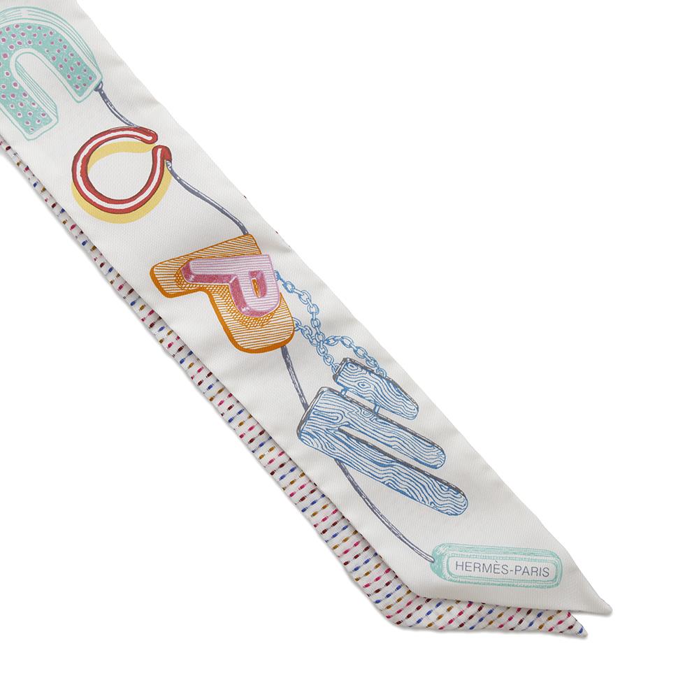HERMES Twilly Chevroscope Neon Pointier Blanc/Rose/Vert Silk100%