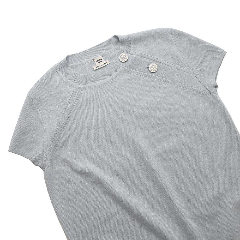 HERMES Short sleeve Knit Top Size 36 Light Blue Silk50% Cashmere50%