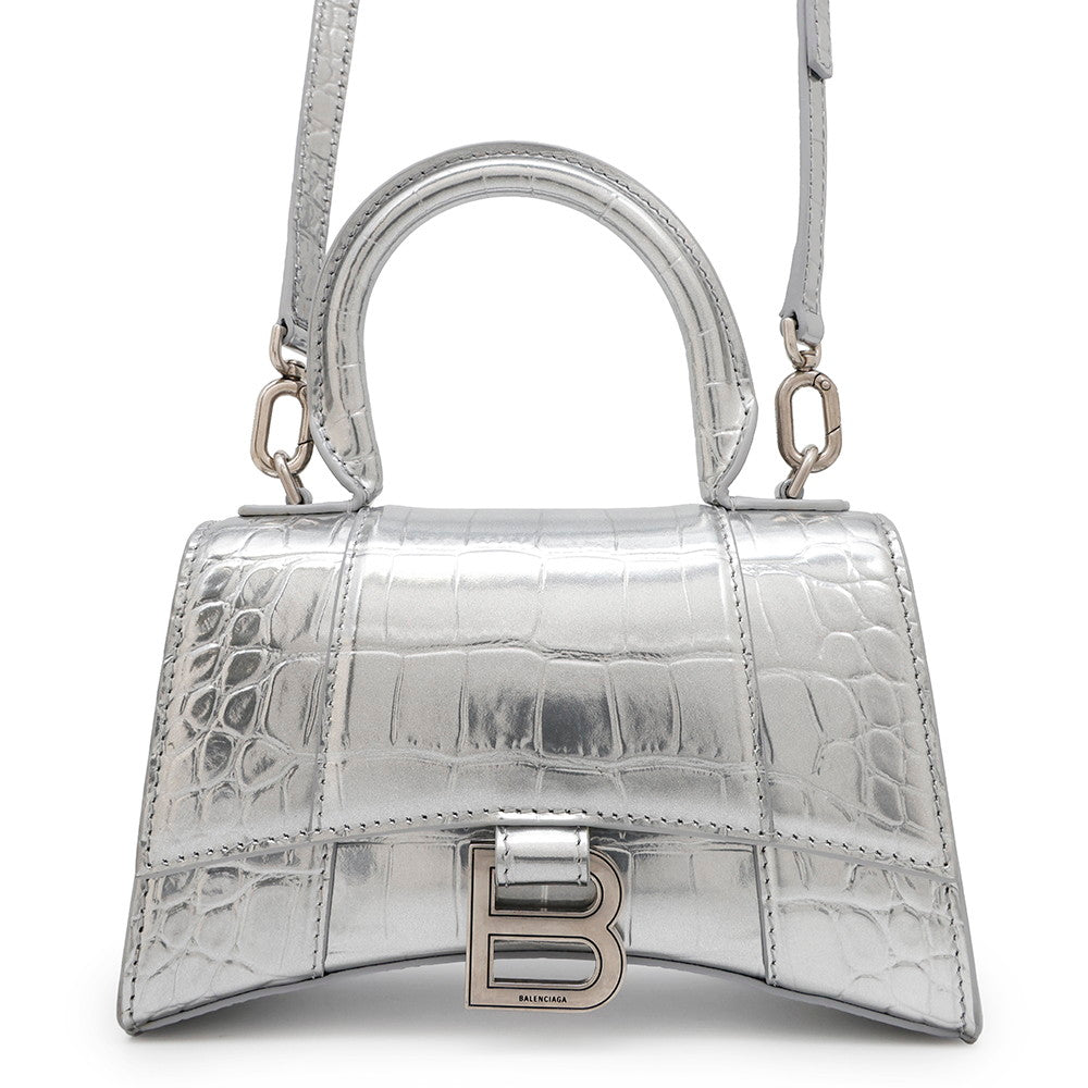 BALENCIAGA Hourglass 2wayBag Silver592833 Croco embossed leather Size XS