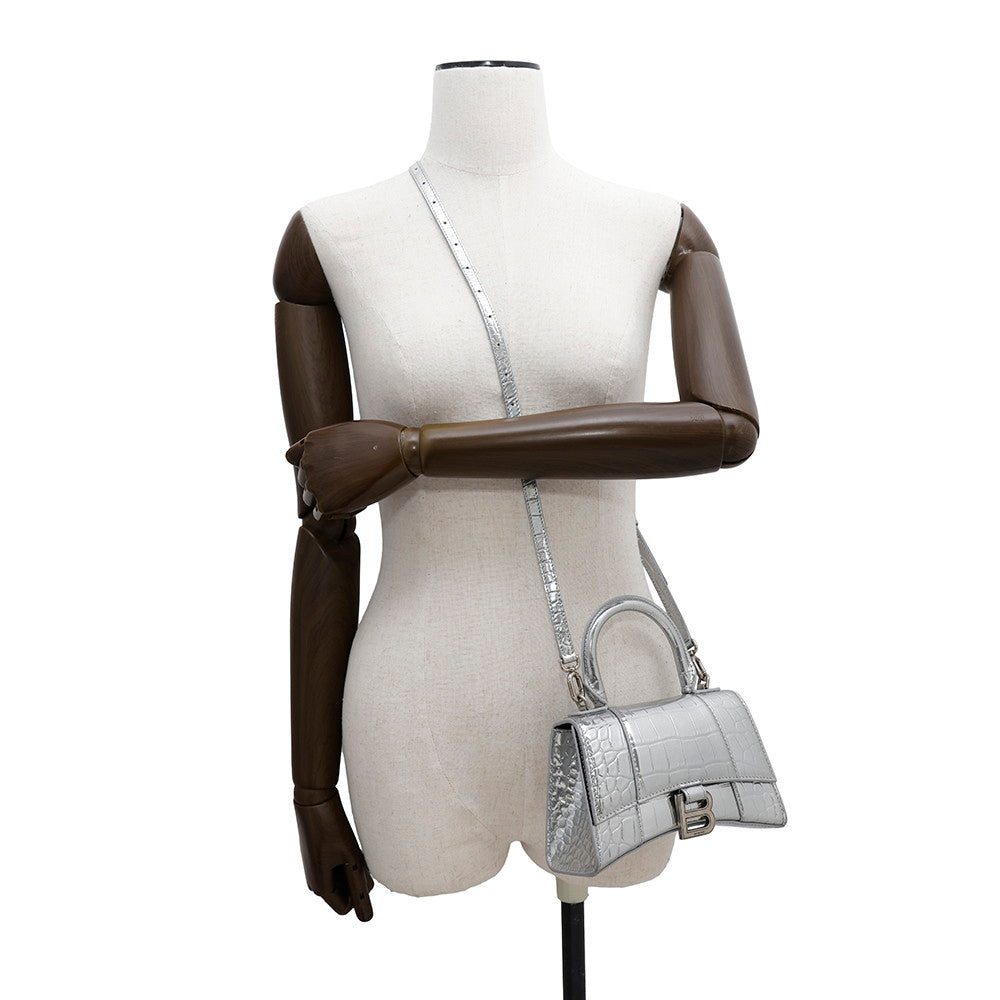 BALENCIAGA Hourglass 2wayBag Silver592833 Croco embossed leather Size XS
