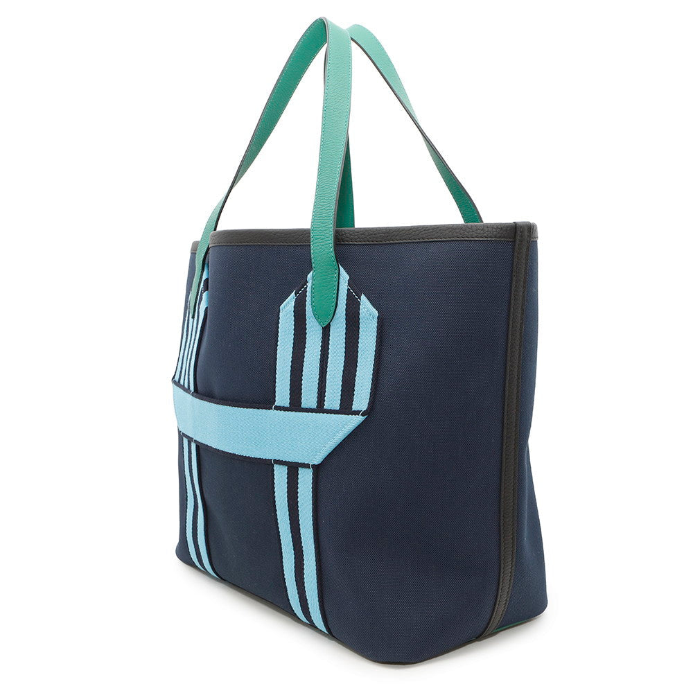 HERMES Pur Sangle Tote Bag Marine/Vert Vertigo Toile Military Taurillon Clemence Sangle Woolie
