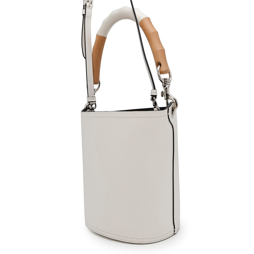 PRADA Tambour 2WAY Bucket Handbag White1BE048 Leather Wood