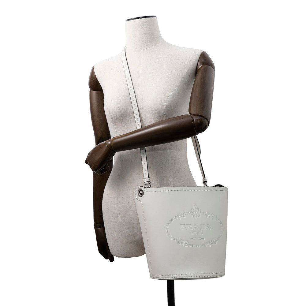 PRADA Tambour 2WAY Bucket Handbag White1BE048 Leather Wood