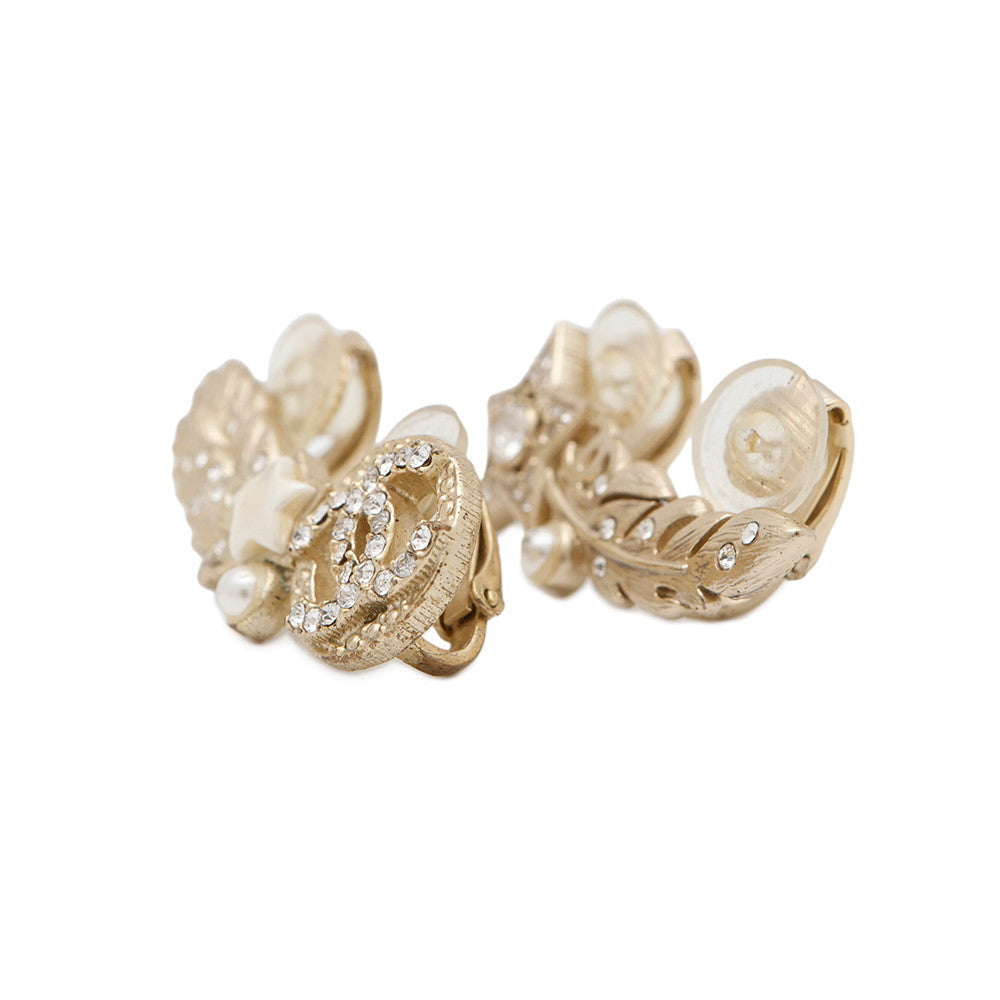 CHANEL Rhinestone Faux Pearl Star Earrings Gold Gold Plated