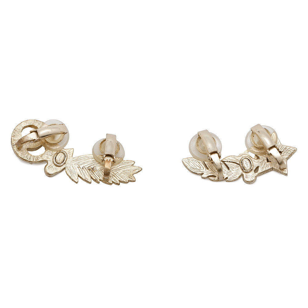 CHANEL Rhinestone Faux Pearl Star Earrings Gold Gold Plated