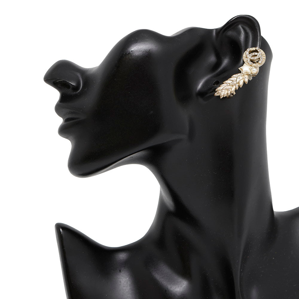 CHANEL Rhinestone Faux Pearl Star Earrings Gold Gold Plated