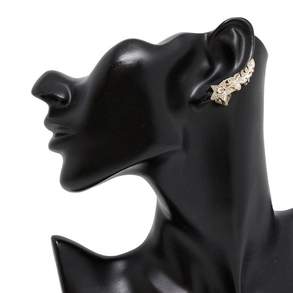 CHANEL Rhinestone Faux Pearl Star Earrings Gold Gold Plated