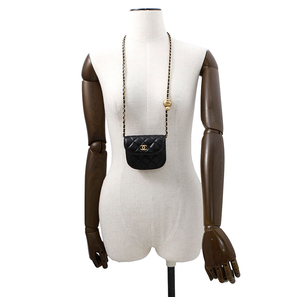 CHANEL Matelasse Ball Chain Mini Pouch Black Lambskin