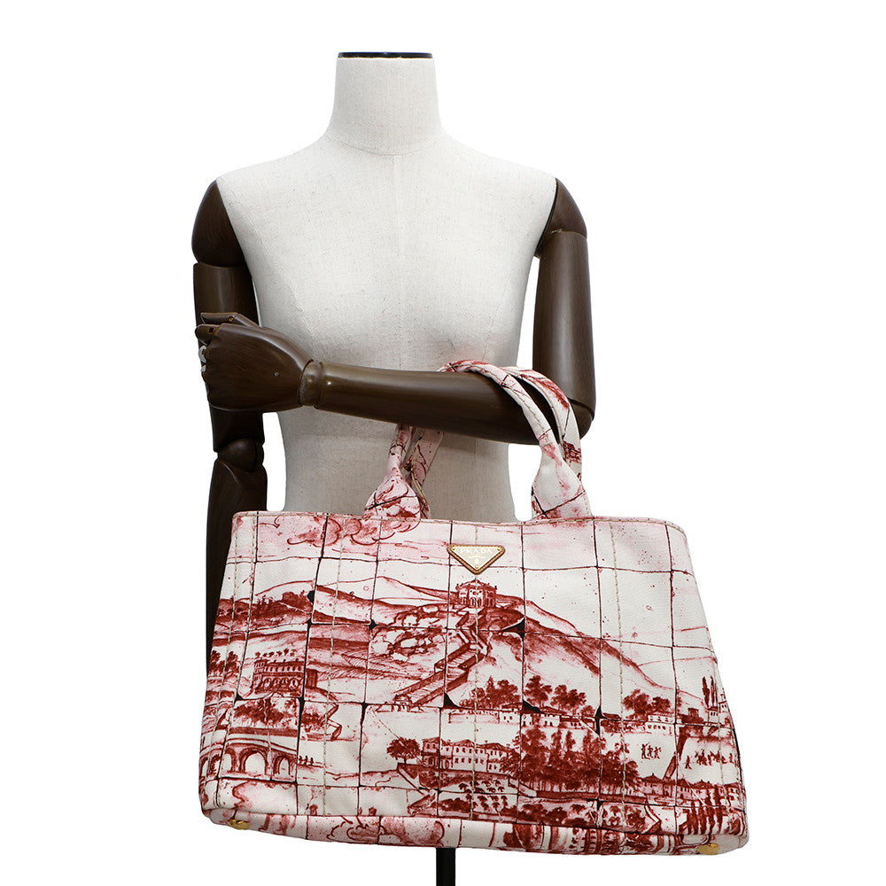 PRADA Canapa Tote Bag White/BordeauxB1872B Canvas