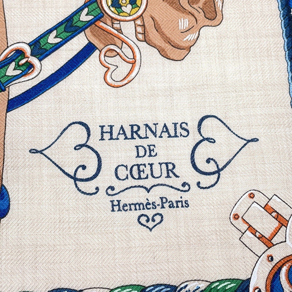 HERMES Carre Gavroche Sac Harnais de Coeur scarf Size 45 Natural / Green / Blue Cashmere70% Silk30%