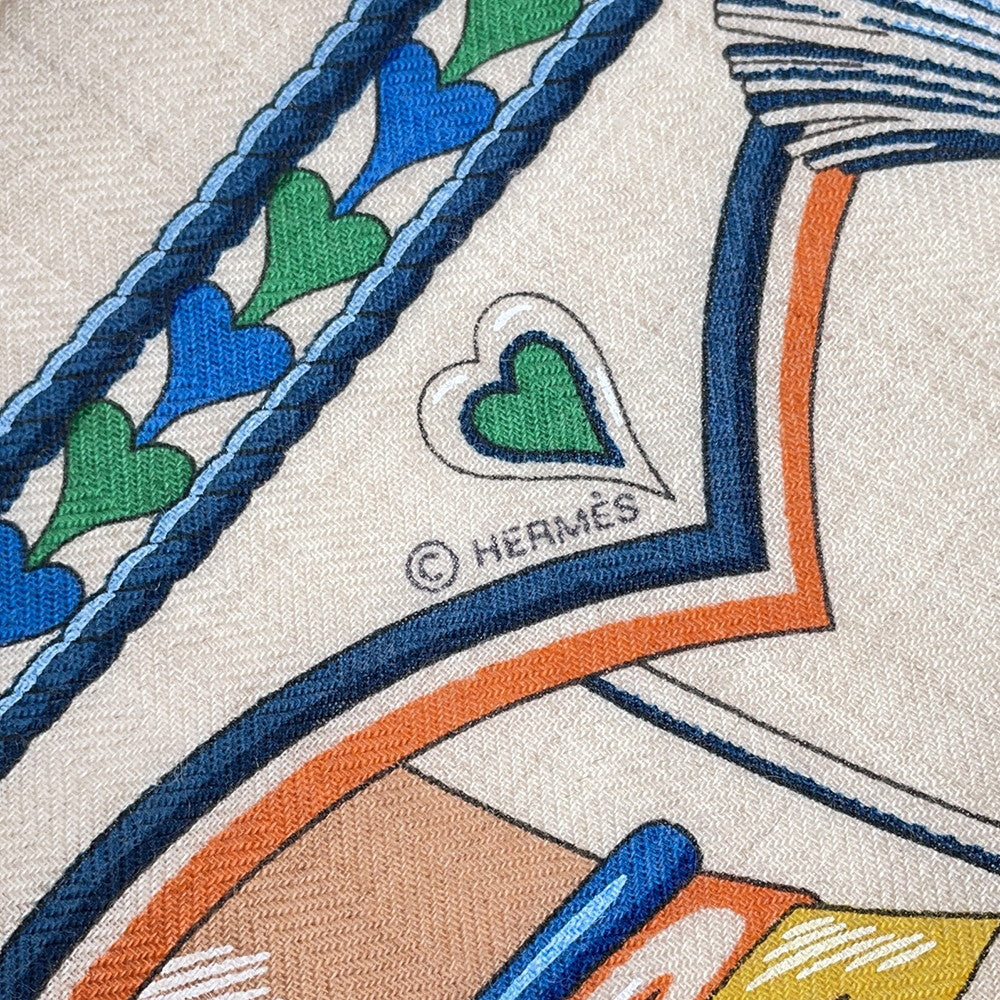 HERMES Carre Gavroche Sac Harnais de Coeur scarf Size 45 Natural / Green / Blue Cashmere70% Silk30%