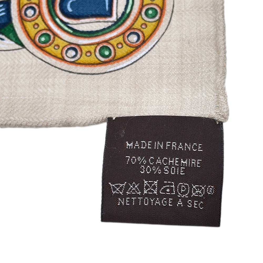 HERMES Carre Gavroche Sac Harnais de Coeur scarf Size 45 Natural / Green / Blue Cashmere70% Silk30%