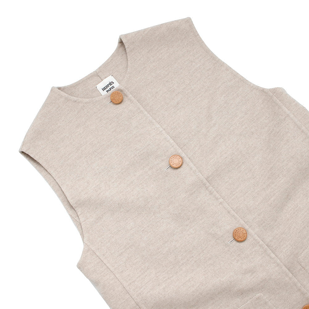 HERMES Wood button long gilet vest Size Chronomat 44 Beige Naturel Cashmere100%