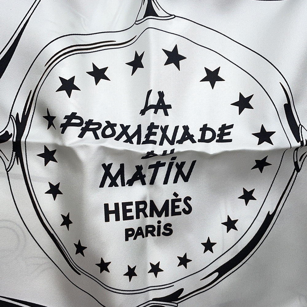 HERMES CAREDOUBLE FACE Morning Walk - Bandana Size 140 White/Black/Cuir Silk100%