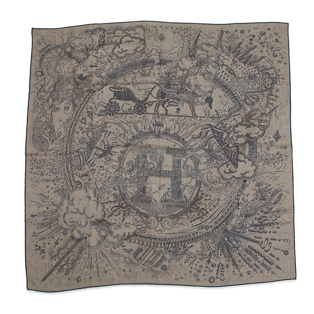 HERMES Kare H 100 Please Hold the Line Size 100 Etoupe/Blue Turquin/Marron Cashmere70% Silk30%