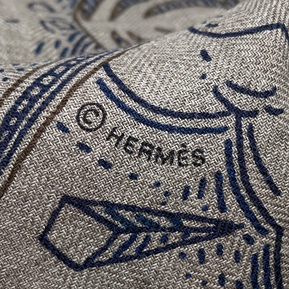 HERMES Kare H 100 Please Hold the Line Size 100 Etoupe/Blue Turquin/Marron Cashmere70% Silk30%