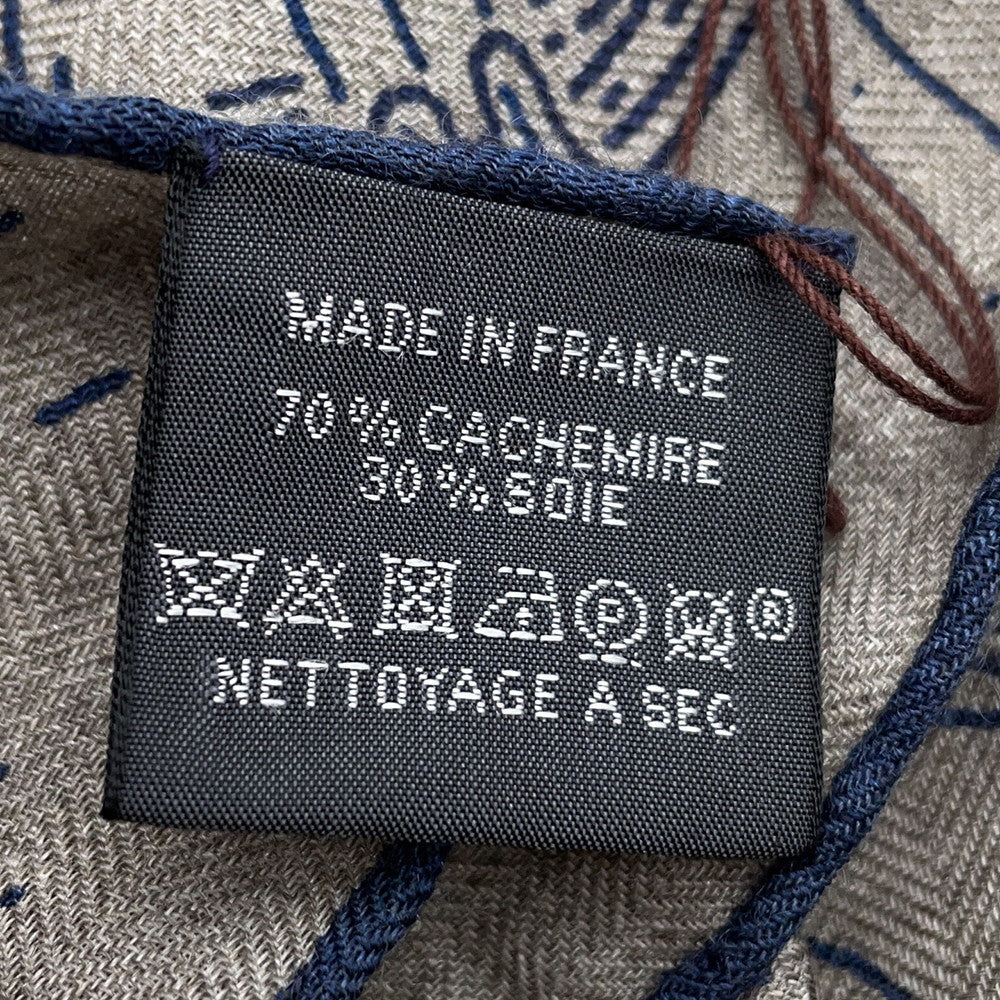 HERMES Kare H 100 Please Hold the Line Size 100 Etoupe/Blue Turquin/Marron Cashmere70% Silk30%