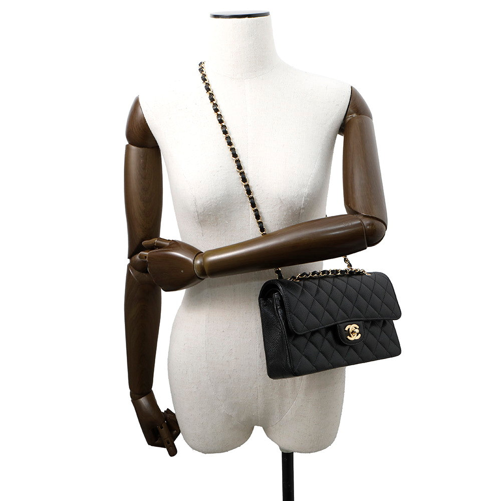 CHANEL Matelasse W Flap ChainShoulder Bag BlackA01113 Caviar Leather Size 23