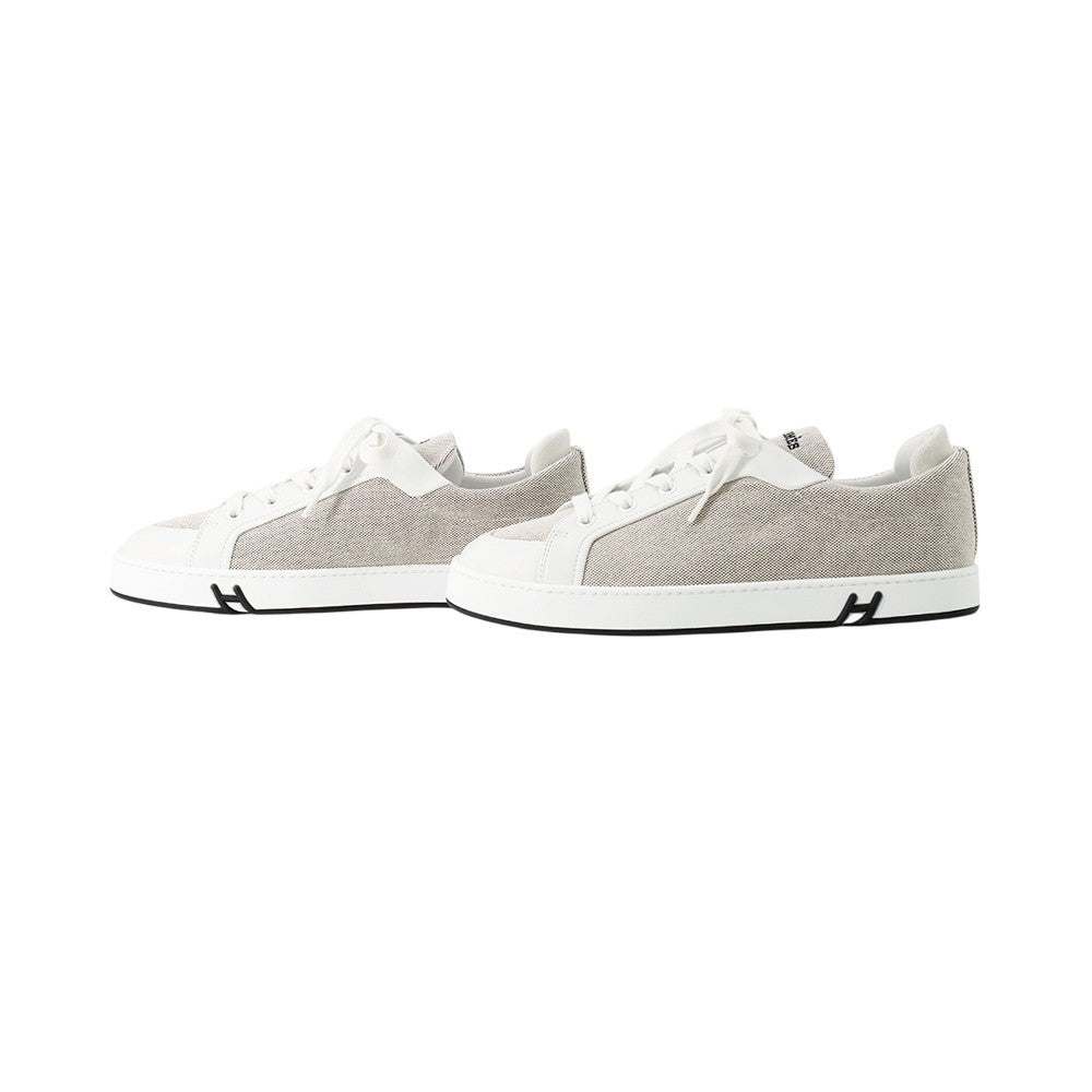 HERMES Sneakers Kid Plus Noir/White Toile H Calf Leather Chèvre Velour Size 38
