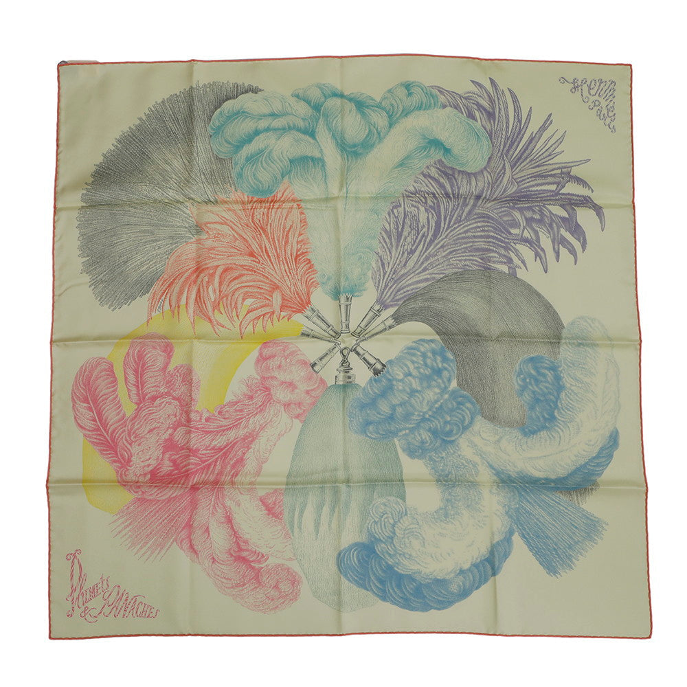 HERMES Carre Plunmets and Panaches (Feathers and feather ornaments) Size 90 Yellow/Multicolor Silk100%