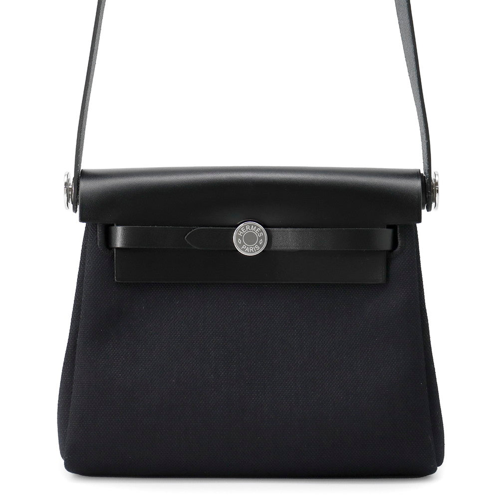 HERMES Herbag zip Black Toile H Viking Vache Hunter Leather Size Mini