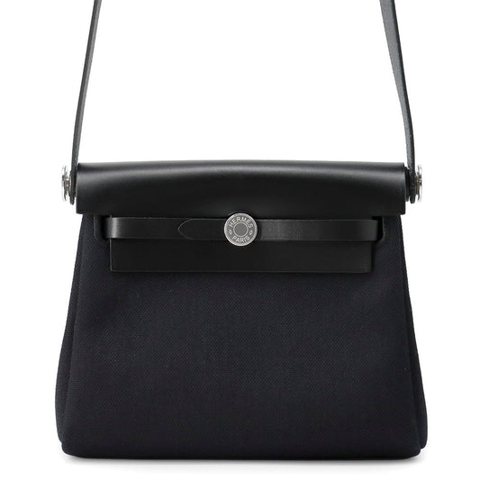 HERMES Herbag zip Black Toile H Viking Vache Hunter Leather Size Mini